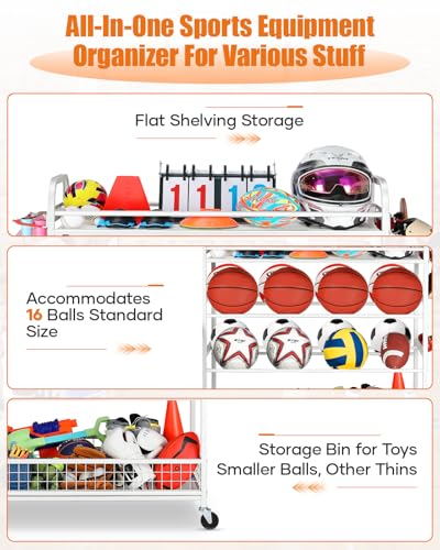 EXTCCT Garage Sports Equipment Organizer - Rolling Ball Storage with Wheels - color: White