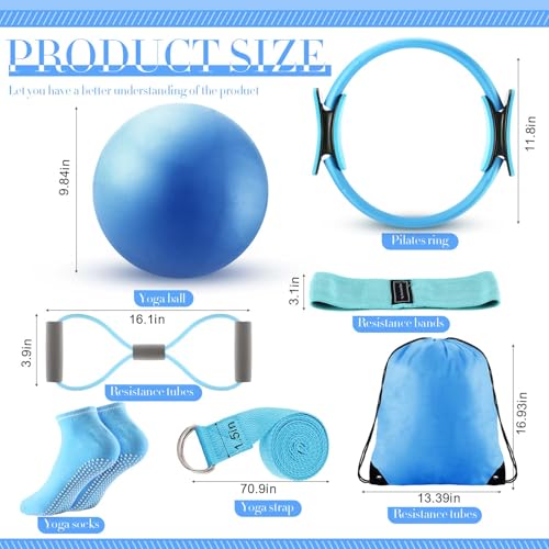 Pilates Equipment Kit for Home Workout Pilates Ring and Ball Set for Women 12'' Circle Yoga Fitness Essentials Kit with Resistance Bands, Yoga Strap, Socks,Bag