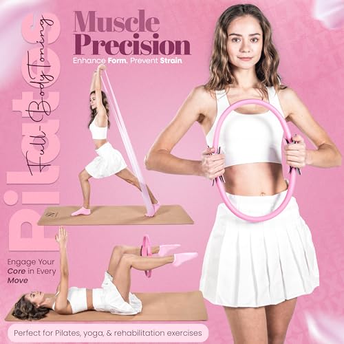 14-Piece Pink Pilates Kit for Women | Yoga Blocks | Magic Circle | Pilates Ball | Ankle Weights | 5 Resistance Bands | Pilates Sliders | At Home Pilates Kit | Beginner Pilates Equipment Set