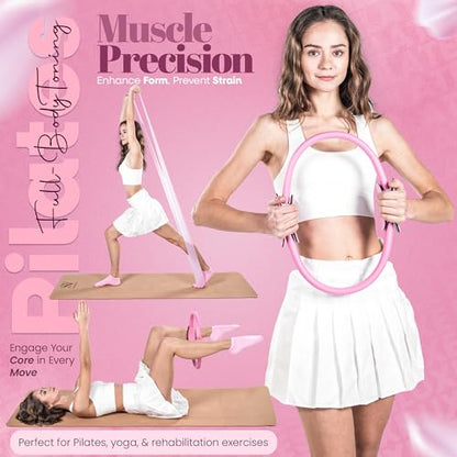 14-Piece Pink Pilates Kit for Women | Yoga Blocks | Magic Circle | Pilates Ball | Ankle Weights | 5 Resistance Bands | Pilates Sliders | At Home Pilates Kit | Beginner Pilates Equipment Set