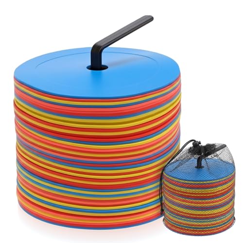 48Pcs Flat Cone-Shaped Marker Discs with Holder & Carry Bag - 4 Colors (Red, Orange, Yellow, Blue) for Sports Training, Field Drills, Agility Exercises - Durable TPE Plastic, 6in Diameter