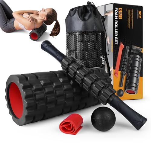 5 in1 Foam Roller Set, Trigger Point Foam Roller, Massage Roller Stick, Massage Ball, Resistance Band for Deep Muscle Massage Pilates Yoga,Fitness Exercise for Whole Body (Black-Red) - color: Black-red