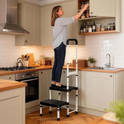 RV Step Stool with Handle for Elderly,2 Step Ladder with Handrail, Reinforced PP Wide Platform, Adjustable Height, Portable Stairs for Hot Tub/Camper/Mobile Home/Porch/SPA Pool/Pet Stairs - size: 2 Steps-Adjustable Height