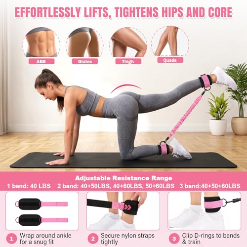 Pedal Resistance Band 40/50/60 lbs with Handles and Ankle Cuffs, 3-Tube Adjustable Exercise Bands for Women’s Home Workout, Abs, Core, Arm, Leg and Hip Training