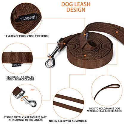 Strong Durable Nylon Dog Training Leash, 1 Inch Wide Traction Rope, 6 ft 10ft 15ft Long, for Small and Medium Dog (Brown, 10 Feet)