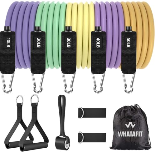 WHATAFIT Resistance Bands, Exercise Bands, Workout Bands with Handles, Door Anchor and Ankle Straps, 5 Resistance Levels Fitness Bands for Strength Training, Physical Therapy, and Home Gym Equipment - color: Navy Blue