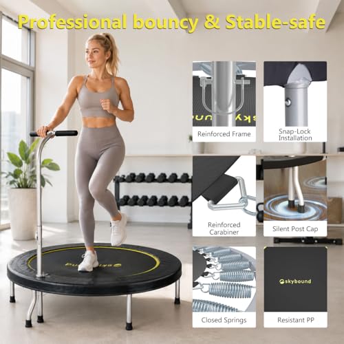SkyBound Mini Rebounder Trampoline for Adults Foldable Fitness Rebounder with Adjustable T-Bar Handle - 40" Exercise Trampoline for Kids & Adults - Indoor Fitness Trampoline for Workout Trainer - style: Premium