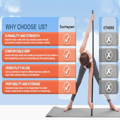 Yoga Stick for Stretching, Mobility Exercise Stick Flexibility Balance Fitness with Steel Bar, Silicone Handle Enhancing Movement, Shoulder Mobility and Balance in Yoga