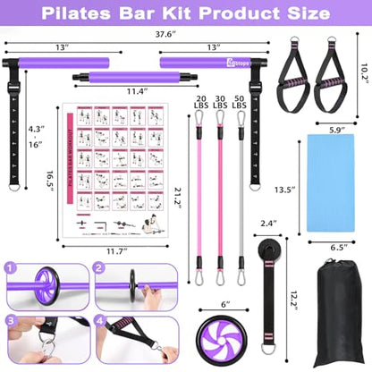 Pilates Bar Kit with Resistance Bands,Ab Roller,2 in 1 Foot Strap & Handle,Door Anchor Pilates Equipment with Resistance Bands, Portable Home Gym Yoga Fitness Bar for Women & Men