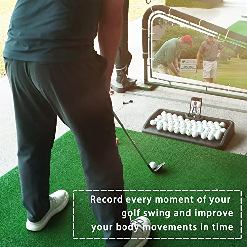 Heavy Duty Golf Ball Tray - with Cell Phone Holder Record Golf Swing - 100 Ball Capacity - High Impact Rubber Golf Tray Compatible with All Hitting Mats