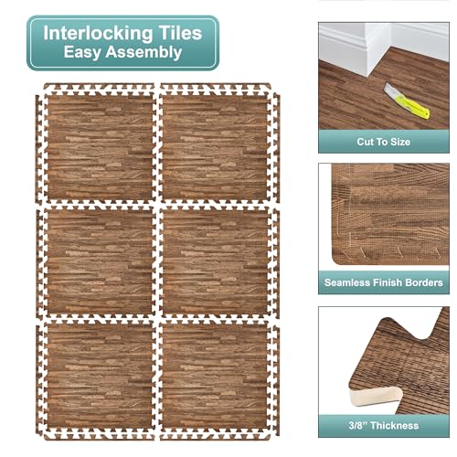 Sorbus Wood Grain Floor Tiles Foam Mat EVA Interlocking Mats Tile 3/8-Inch Thick Flooring Wood Puzzle Exercise Mats w/Borders - Home Playroom Basement, Apartment, Trade Show, Baby, Dance