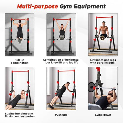 SogesHome Power Tower Dip Station Pull Up Bar for Home Gym, Adjustable & Foldable Multifunction Fitness Workout Station with Triangular Stability Design for Strength Training - color: Black Red