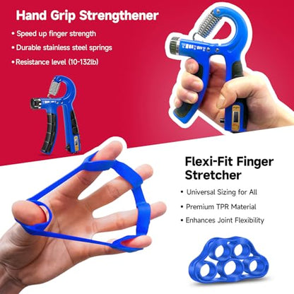 FitBeast Hand Grip Strengthener Workout Kit (5 Pack), 2 Forearm Grip Adjustable Resistance Hand Gripper, Finger Stretcher, Grip Ring & Stress Relief Grip Ball for Athletes - color: Dark Blue