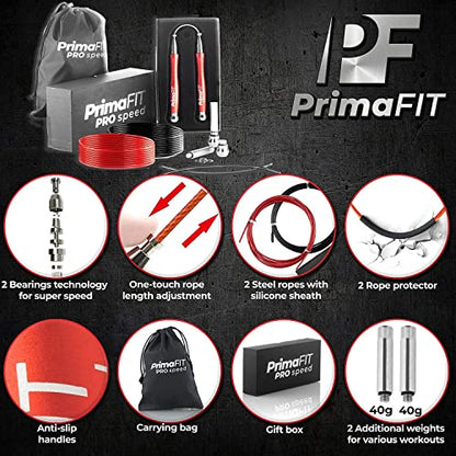 Jump Rope Pro Speed Skipping Rope Adjustable Adult Jumping Rope Weighted Aluminium Handles for Double Dutch Boxing Workout Crossfit Exercise Fitness Spare Cable Weights Protectors Carry Bag - color: Red