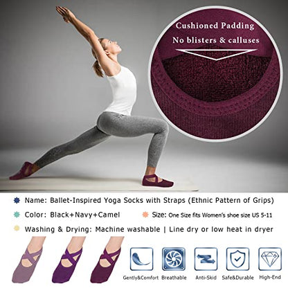 Ozaiic Pilates Socks for Women Non Slip Grip Yoga Barefoot Indoor Workout - color: 3 Pairs-purple/Rose Red/Bean Red
