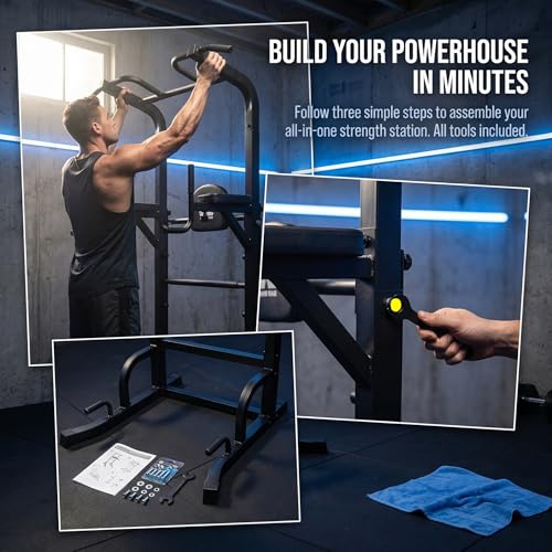 BARWING Pull Up Bar Station, Power Tower, Dip Station with 3D Backrest, Multi-Function Strength Training Stand Rack, Adjustable Height Dip Bar for Home Gym Workout Stand Fitness Exercise Equipment