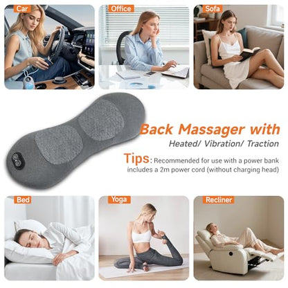 3-in-1 Electric Lumbar Support Pillow with Adjustable Height for Bed and Chair, Triple Fusion Cordless Back Massager with Heated, Vibration, Traction, Lower Back Pain Relief for Home & Office, Car