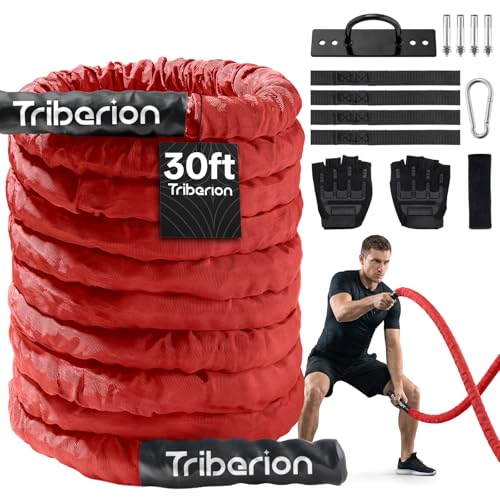 Battle Rope for Home Gym Workout - 1.5 Inch 30ft Heavy Weighted Training Exercise Ropes Fitness Equipment with Sleeve and Anchor Strap Kit for Outdoor Working Out - Red - color: Red, size: 1.5 Inch x 30 FT