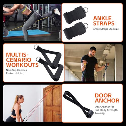 Resistance Bands Workouts Set for Men and Women with Handles - Heavy Duty 150lbs, 11 Piece Elastic Tube Kit for Gym & Home, Strength Training, Yoga, Pilates Therapy for Legs, Chest Power Systems