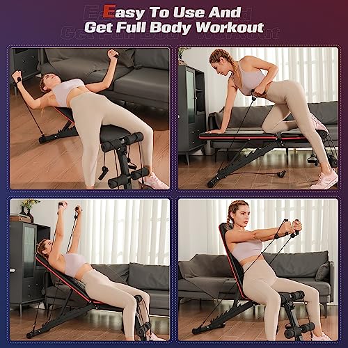 FLYBIRD Foldable Weight Bench with Resistance Bands, 8 Backrests Fast Adjustable FID for Home Gym Full Body Workout, Easy to Storage for Small Apartment