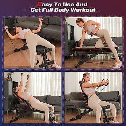 FLYBIRD Foldable Weight Bench with Resistance Bands, 8 Backrests Fast Adjustable FID for Home Gym Full Body Workout, Easy to Storage for Small Apartment