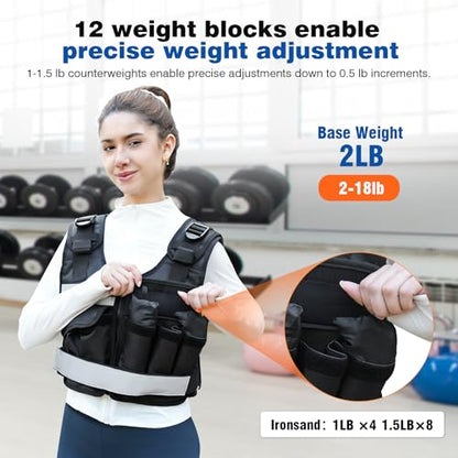 Adjustable Weighted Vest for Women Men, 2-18 lbs Strength Training Weight Vest with adjustable weights 12 Sandbags, Zipper Womens Weighted Vest Washable with Reflective for Walking Running Gym