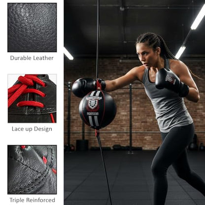 Professional Leather Double End Boxing Bag with Bungee Cords for Boxing, MMA, Muay Thai, Fitness Speed Dodge Reflex Ball, Floor to Ceiling Training, 5 Inch - size: 9 Inch