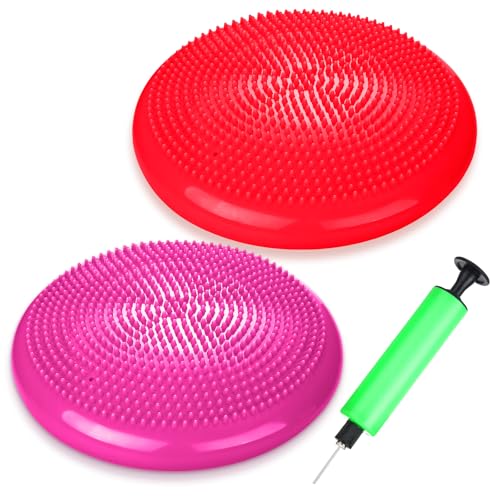 2 Pcs Wiggle Seat Inflated Wobble Cushion Flexible Balance Disc with Air Pump for Core Stability Strengthening Improving Posture Physical Exercise - color: Red and Rose Red