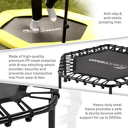 Upper bounce mini Workout Trampoline Adjustable tshaped handrail – Hexagonal rebounder Kids & Adults – Fitness Trampoline Equipment Supports up 220lbs. (Yellow, 50 Inches)