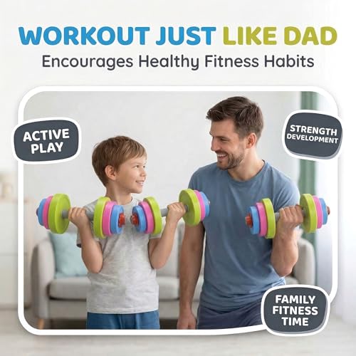 Kids Workout Dumbbell Weights Set - Toddler Toy Gym Equipment for Pretend Play Lifting, Exercise & Fitness - Adjustable Fill with Sand or Water
