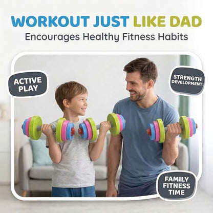 Kids Workout Dumbbell Weights Set - Toddler Toy Gym Equipment for Pretend Play Lifting, Exercise & Fitness - Adjustable Fill with Sand or Water