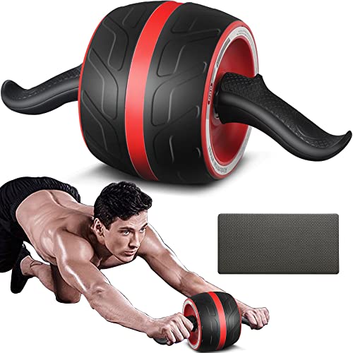 AB Wheel Roller with Resistance Spring, Automatic Rebound Exercise Abdominal Ultra-Wide Wheels Fitness for Gym & Home, Core Work-out Strength-Training Roller with Knee Pad, 14.6"W - color: Red