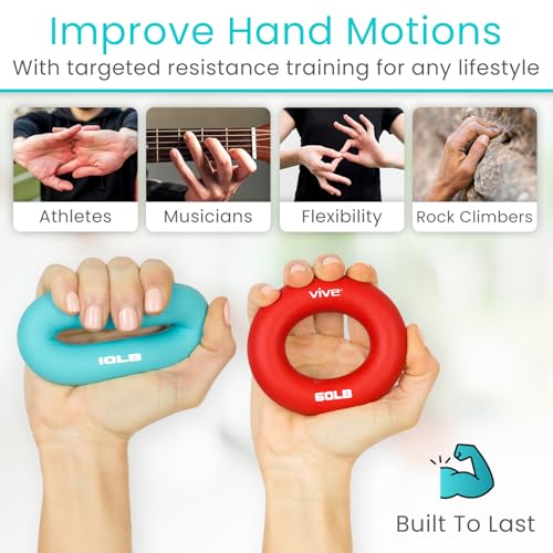 Vive Hand Strengthener Grip Ring - Forearm Ring Hand Exercisers - Silicone Squeezer Gripper for Muscle Strengthening Training Tool - Arthritis Finger Physical Therapy PT Kit Trainer - color: Multicolor (4 Pack)