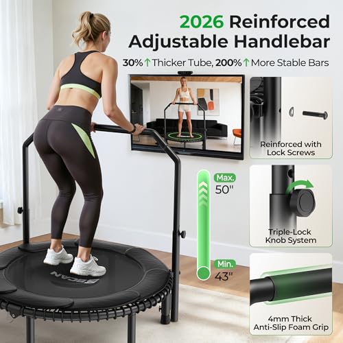 BCAN BT2 450/550LBS Mini Rebounder Trampoline for Adults with Bar, Fitness Trampoline with Bungees, Adjustable Handle, Stable & Quiet, Indoor Outdoor, Whole-Body Workout - 40IN/48IN | FED Fitness