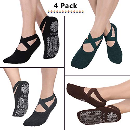 Ozaiic Pilates Socks for Women Non Slip Grip Yoga Barefoot Indoor Workout - color: 4p-coffee/Green/Black/Gray