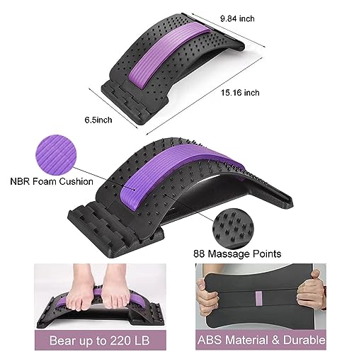 Back Stretcher for Lower Back Pain Relief, 4 Level Adjustable Lumbar Cracker Board Massager, Stretching Device for Scoliosis, Sciatica (Purple)
