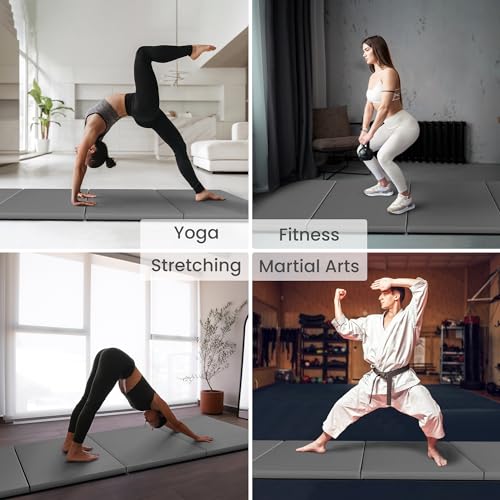 Signature Fitness 10ft x 4ft Four Fold Folding Exercise Mat with Carrying Handles for MMA, Gymnastics and Home Gym Protective Flooring, 2-inch Thick - color: Gray