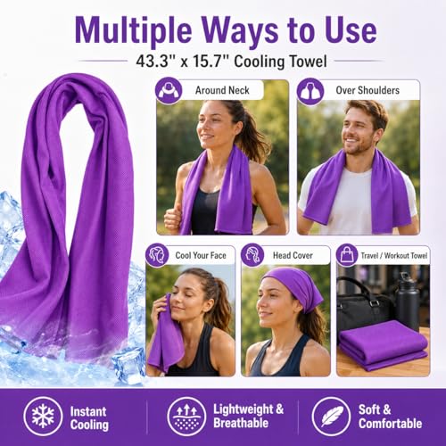 Large Cooling Towel for Neck and Face, 43.3 x 15.7 in, Purple - color: Purple