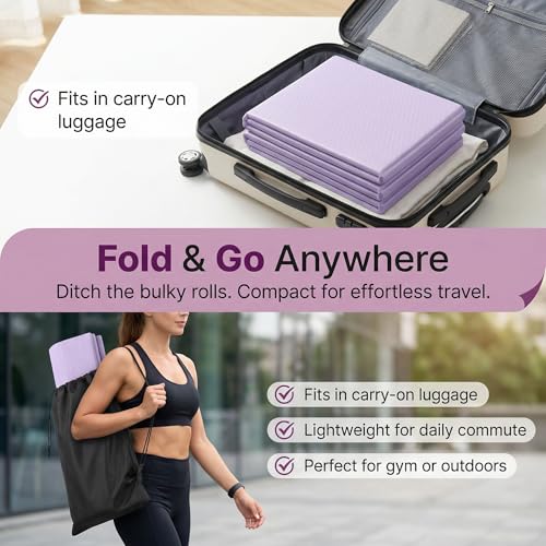 Foldable Travel Yoga Mat, 72"x32"x0.32" Extra Wide 8mm Thick Non-Slip Exercise Mat for Yoga, Pilates & Fitness-Purple