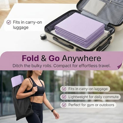 Foldable Travel Yoga Mat, 72"x32"x0.32" Extra Wide 8mm Thick Non-Slip Exercise Mat for Yoga, Pilates & Fitness-Purple