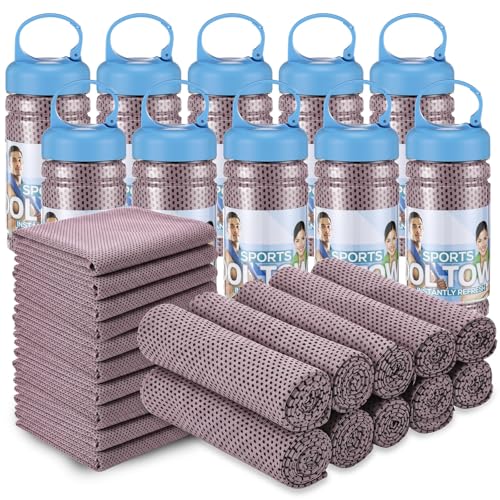 Honoson 20 Pcs Cooling Towels for Neck and Face, 47"x12" Sports Breathable Ice Towels Microfiber Chilly Sweat Rags with Portable Bottle for Gym Golf Athletes Yoga Workout Hot Weather (Pink) - color: Pink