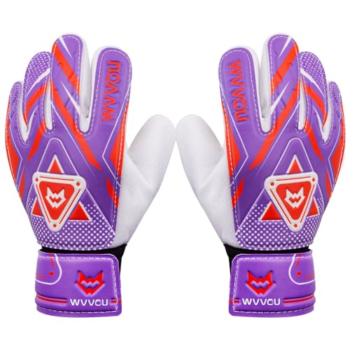 WVVOU Kids Goalie Gloves Soccer,Goalkeeper Gloves for Kids 8-12,Goalie Gloves Youth with Double Protection,Super Grip Anti-Slip Palm for All-Weather Training & Match Play - color: Purple, size: 5