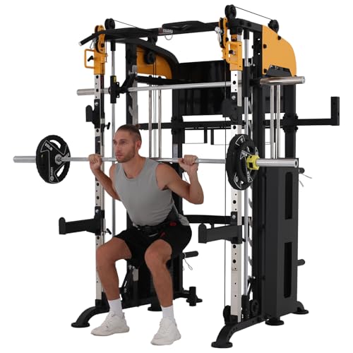 3061B Smith Machine with Adjustable Lever Arms, 2:1 Pulley Ratio All-in-One Home Gym System, Commercial Grade Squat Rack with Dual 440lbs Weight Stacks & Attachment (Safe Solo Training)
