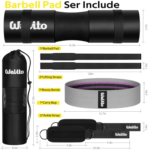WALITO 8Pcs Barbell Pad Set for Hip Thrust - Squat Pad,Gym Accessories for Women with Bar Bad,Bench Press, with Gym Ankle Straps,Resistance Bands for Working Out,Lifting Strap,Carry Bag