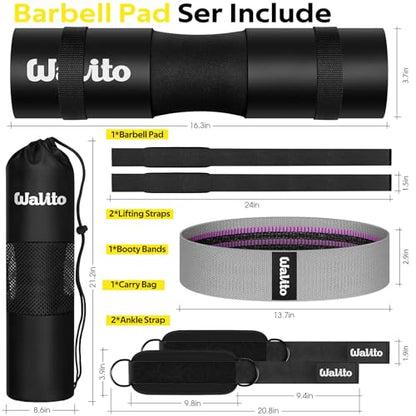 WALITO 8Pcs Barbell Pad Set for Hip Thrust - Squat Pad,Gym Accessories for Women with Bar Bad,Bench Press, with Gym Ankle Straps,Resistance Bands for Working Out,Lifting Strap,Carry Bag