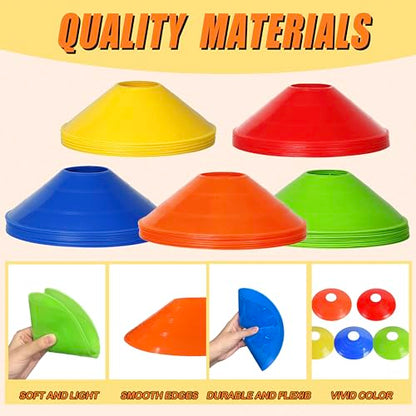 Disc Cones for Sports Training, 25/50 Pack Agility Soccer Cones with Carry Bag and Holder, Soccer, Football, Basketball, Coaching, Practice Equipment, 5 Color