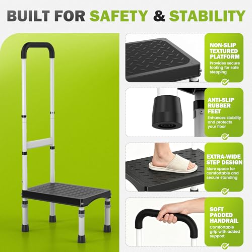 RV Step Stool with Handle for Elderly,1 Step Ladder with Handrail, Reinforced PP Wide Platform, Adjustable Height, Portable Stairs for Hot Tub/Camper/Mobile Home/Porch/SPA Pool/Pet Stairs - size: 1 Step-Adjustable Height