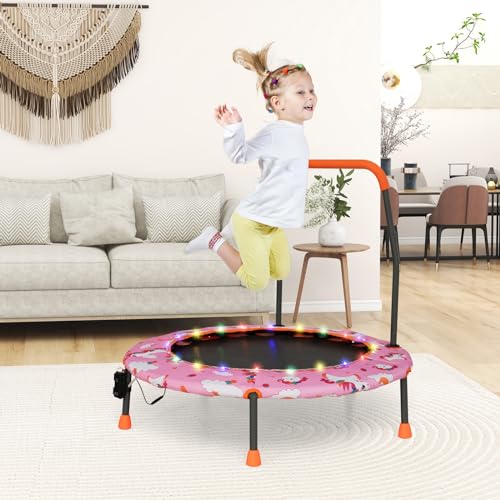 GYMAX Trampoline for Kids, 36” Toddler Mini Rebounder with Lights & Music, Removable Blue Tooth Speaker, Handle & Safety Pad, ASTM Approved Indoor Outdoor Small Kids Trampoline