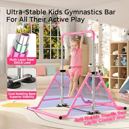 Expandable Kids Gymnastics Kip Bar - Upgraded Dual Base, Folding Adjustable Height 44''-60'', 350LBS Weight Limit, Anti-Slip Suction Feet, Home Training Bar for Kids Ages 3-13 (Pink)