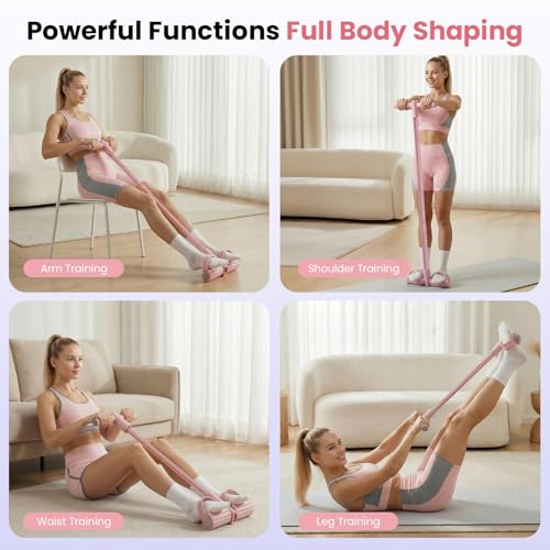 Upgraded 8-Tube Multifunction Foot Pedal Resistance Band (Pink), Enhanced Tension Sit Up Pull Rope, Abdominal Trainer for Home Gym, Full Body Workout Equipment for Core Leg Arm Waist Strength Training